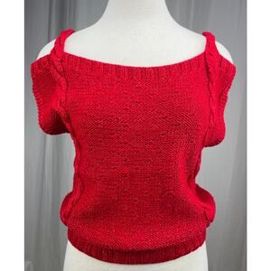 Vintage Y2K Cable Knit Red Cold Shoulder Top (S)‎ Summer Sweater Scoop